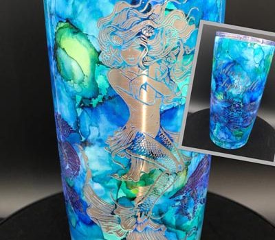 20 oz Mermaid Alcohol Ink Powder Coated Laser Engraved Stainless Steel Tumbler