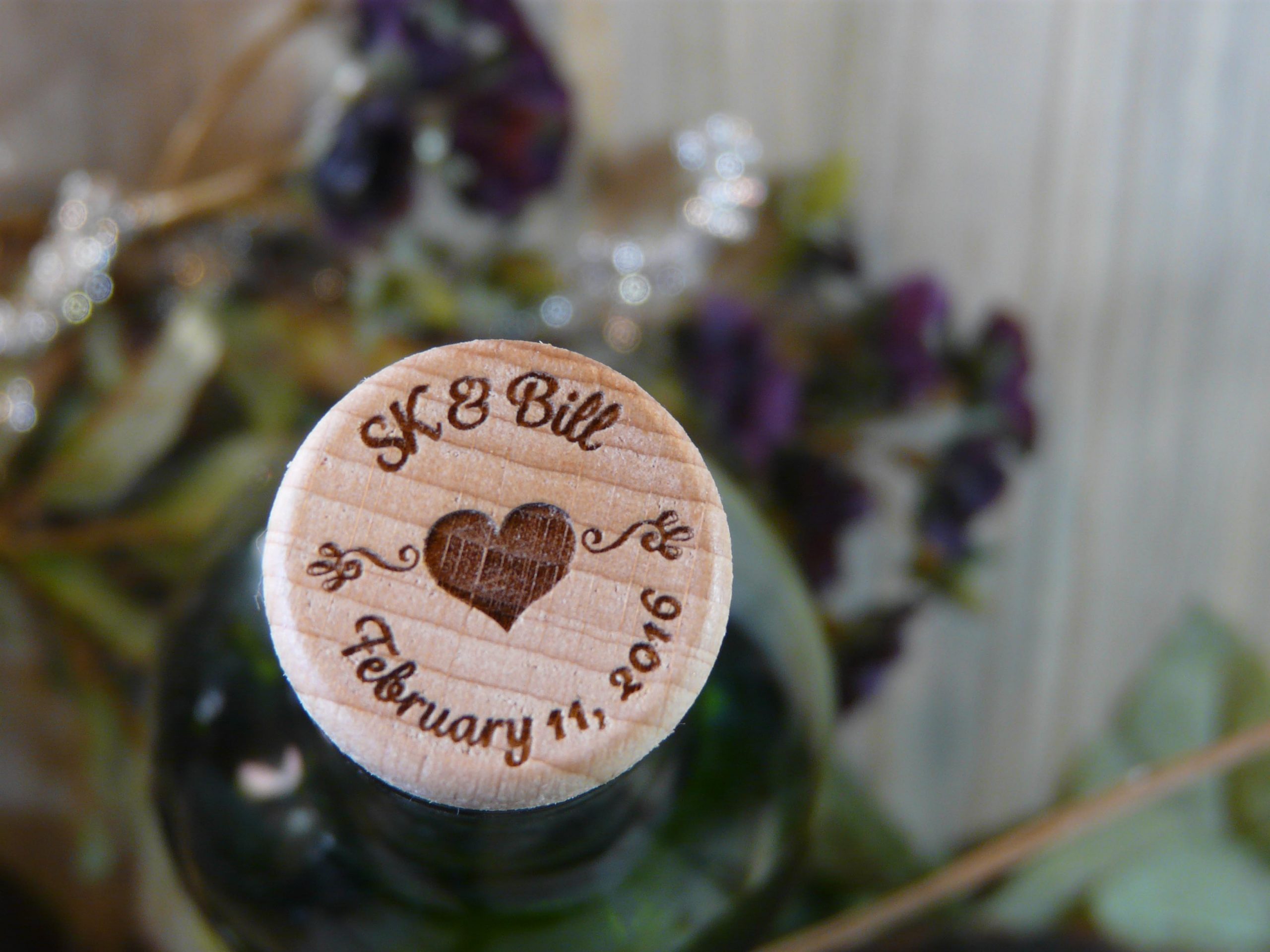 Personalized Laser Engraved Wood Wine Stopper Hearts and Calligraphy Wedding Favor Series 