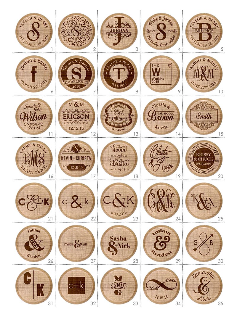 Personalized Wine Stopper Designs - Names and Initials