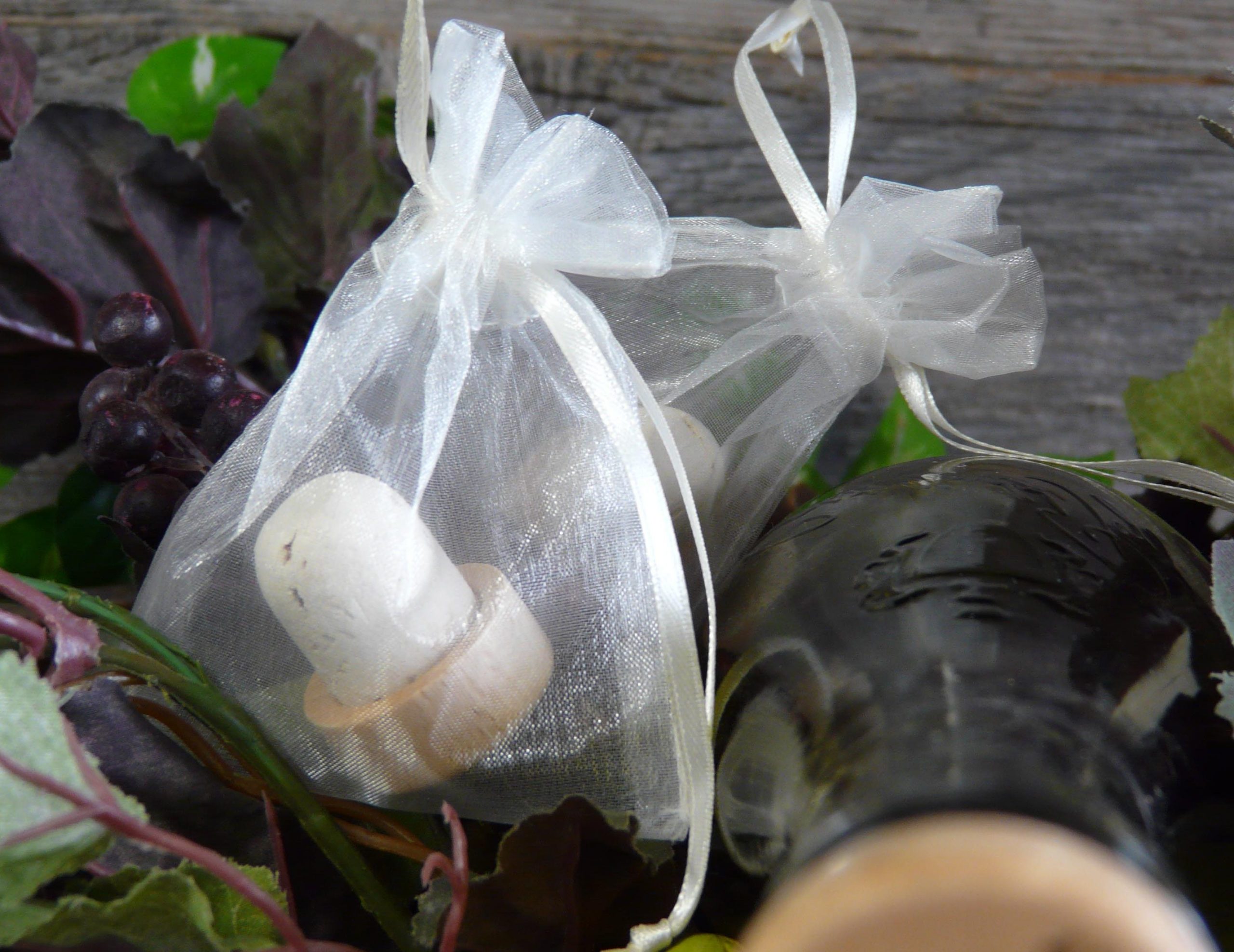 Order our organza bags with your personalized wine stoppers and they will come pre-packaged.