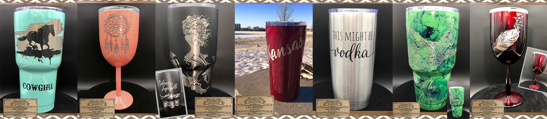 Lazerworx Design Studio offers custom powder coating, laser engraving, and design services for most brands and types of drinkware. Whether you need a personalized YETI Rambler, a custom Ozark Trail 30 oz glitter tumbler, or a large order of unbranded logo tumblers, we are here to help.