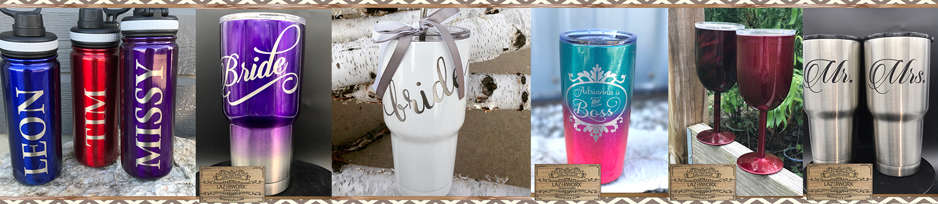 Lazerworx Design Studio offers custom powder coating, laser engraving, and design services for most brands and types of drinkware. Whether you need a personalized YETI Rambler, a custom Ozark Trail 30 oz glitter tumbler, or a large order of unbranded logo tumblers, we are here to help.